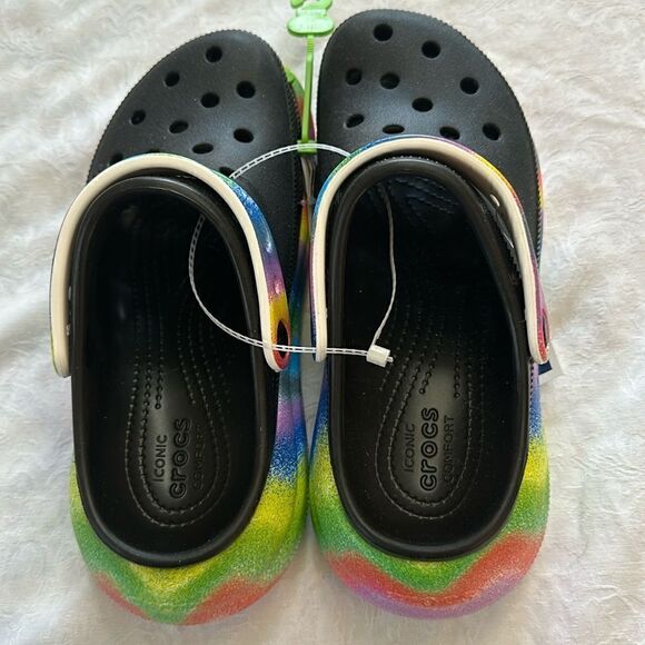 Copy Crocs Platform Classic Crush Spray Dye  Black Rainbow Slip On Shoes M 6 W 8 - Picture 2 of 10